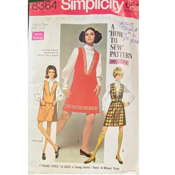 Vtg Simplicity 8364 Jumper Pattern 11-12 Girl 1969 Teen Junior Pocket Button - Picture 2 of 6